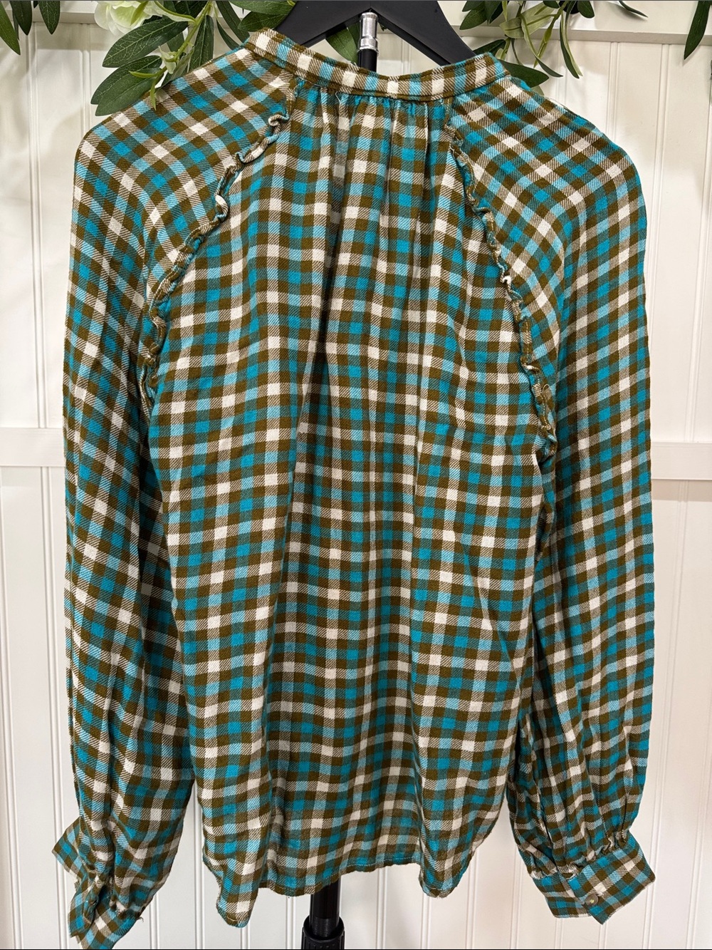 #639 Anthropologie PILCRO Breezy Teal & Olive Checked Button-Down Shirt - Picture 11 of 12